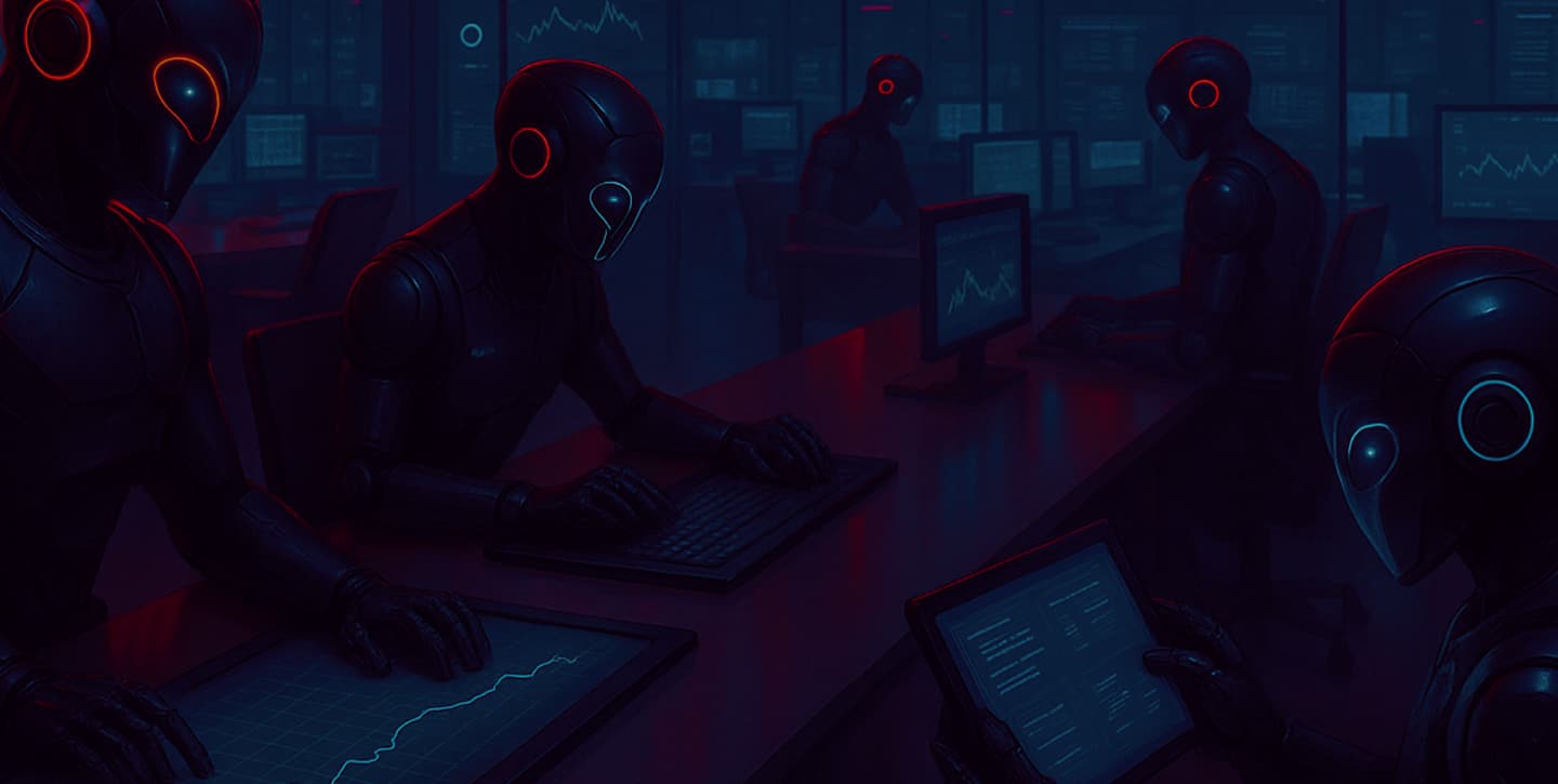 Robot agents in a dark room working in the background