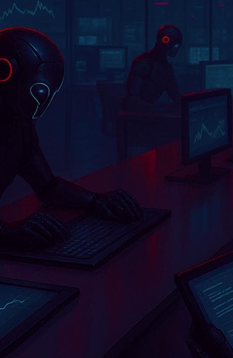 Robot agents in a dark room working in the background