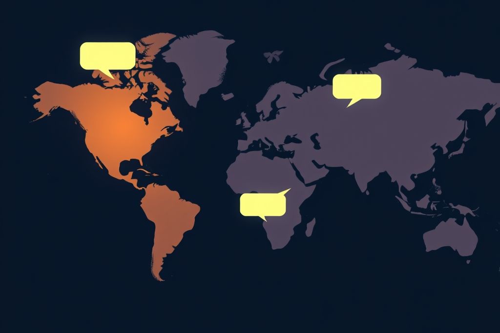 Illustration of a world map at night with chat bubbles lighting up across time zones